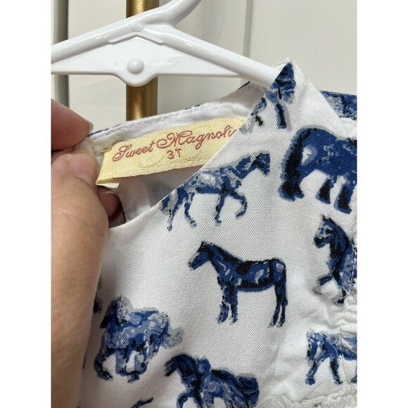 Sweet Magnolia Girls Sz 3T Blue White Horse Sleeveless A-line Dress Western - Picture 3 of 4
